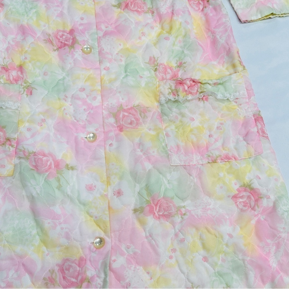 Vintage Pastel Floral Short Sleeve Quilted Housecoat Bed Jacket Robe - Picture 2 of 10